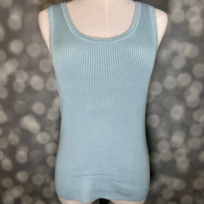 LuLaRoe Maydene Scallop Edge Tank in Solid Powder Blue with rib knit fabric, fitted silhouette, and scalloped neckline and arm openings. Alternate product image.