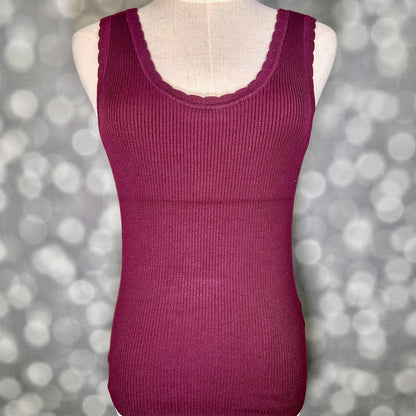 LuLaRoe Maydene Scallop Edge Tank in Solid Rich Plum with rib knit fabric, fitted silhouette, and scalloped neckline and arm openings. Alternate product image.