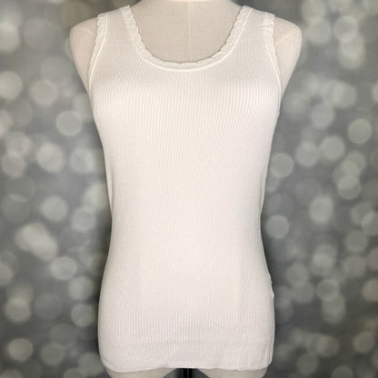 LuLaRoe Maydene Scallop Edge Tank in Solid White with rib knit fabric, fitted silhouette, and scalloped neckline and arm openings. Alternate product image.