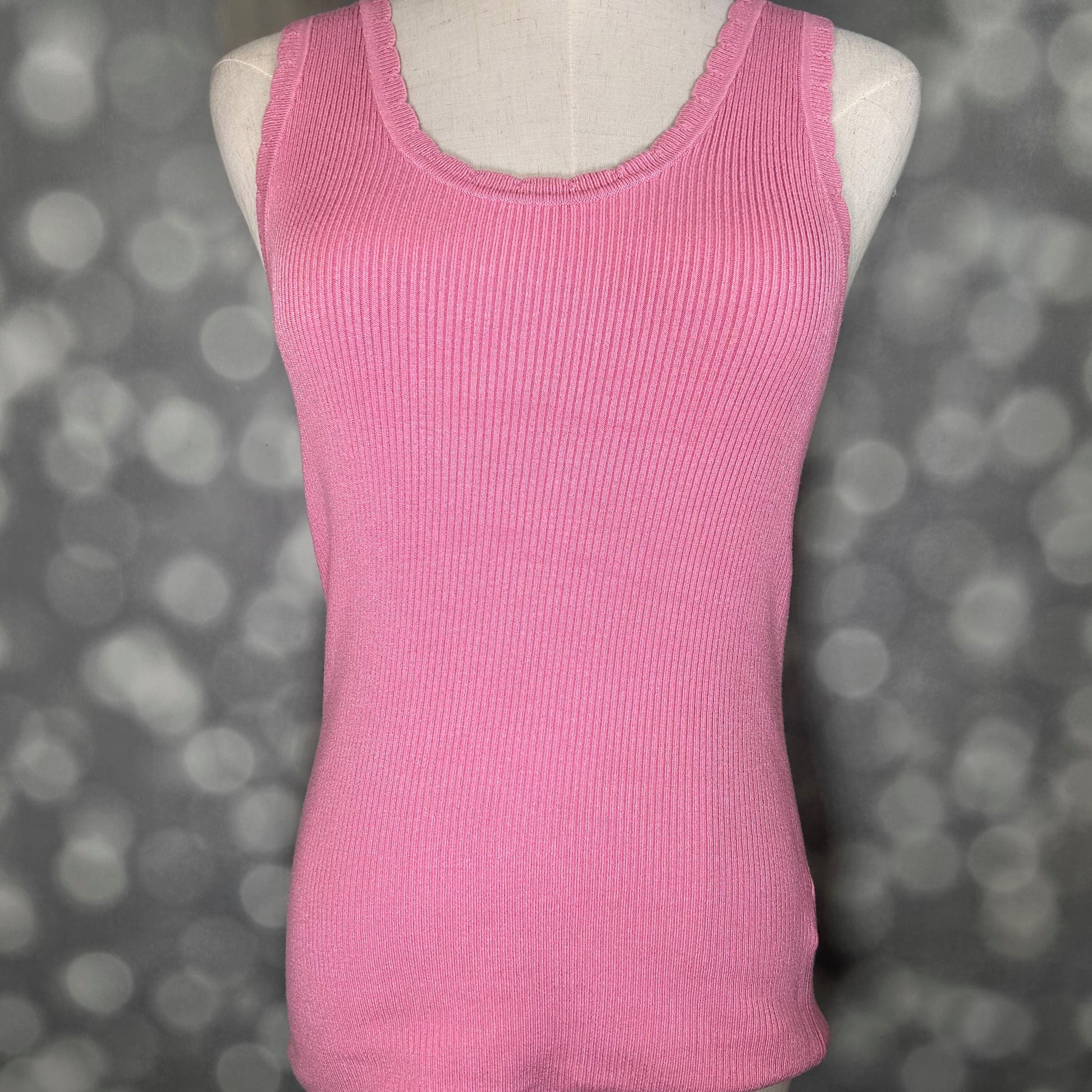 LuLaRoe Maydene Scallop Edge Tank in Solid Bubblegum Pink with rib knit fabric, fitted silhouette, and scalloped neckline and arm openings. Alternate product image.