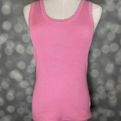 LuLaRoe Maydene Scallop Edge Tank in Solid Bubblegum Pink with rib knit fabric, fitted silhouette, and scalloped neckline and arm openings. Alternate product image.