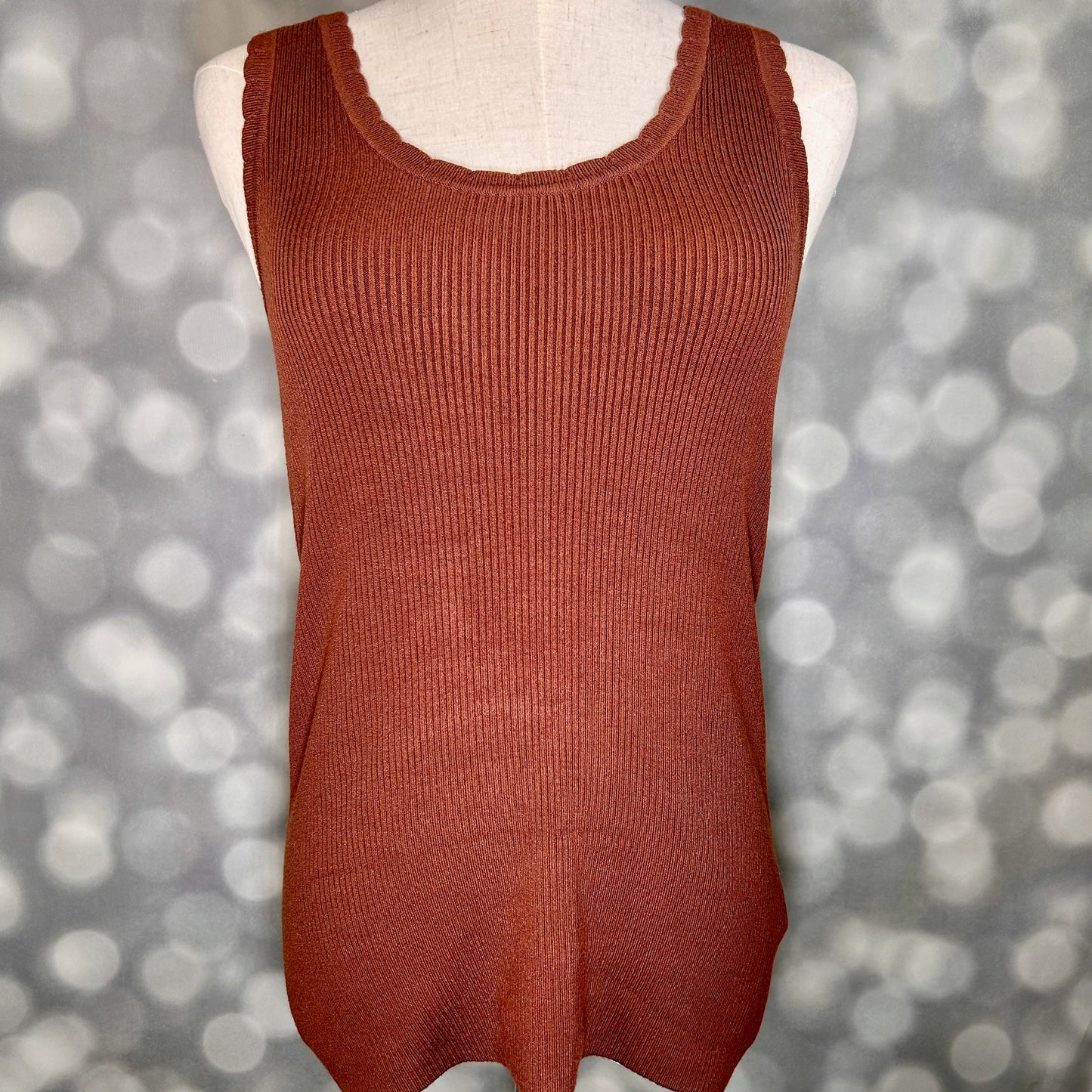 LuLaRoe Maydene Scallop Edge Tank in Solid Cocoa Brown with rib knit fabric, fitted silhouette, and scalloped neckline and arm openings. Alternate product image.