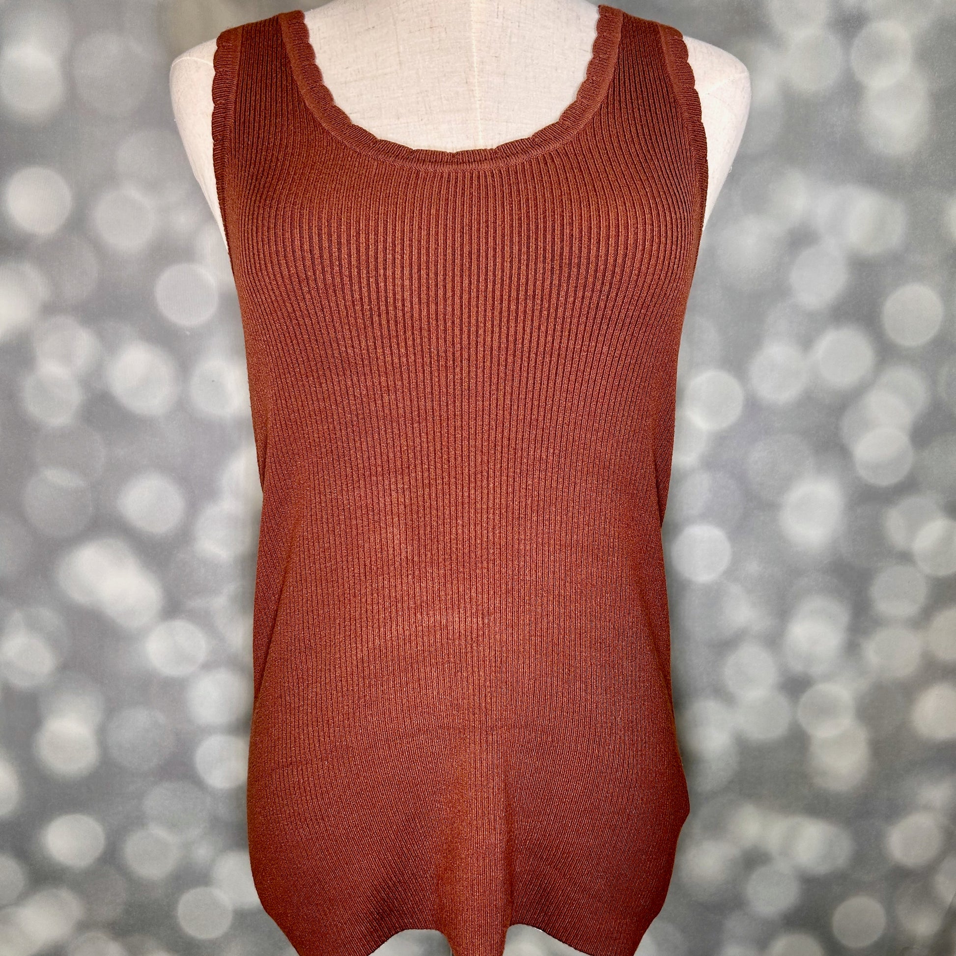 LuLaRoe Maydene Scallop Edge Tank in Solid Cocoa Brown with rib knit fabric, fitted silhouette, and scalloped neckline and arm openings. Alternate product image.