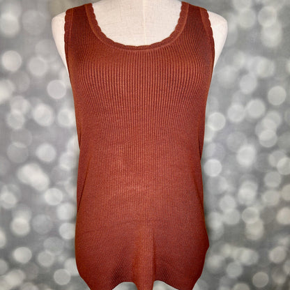LuLaRoe Maydene Scallop Edge Tank in Solid Cocoa Brown with rib knit fabric, fitted silhouette, and scalloped neckline and arm openings. Alternate product image.