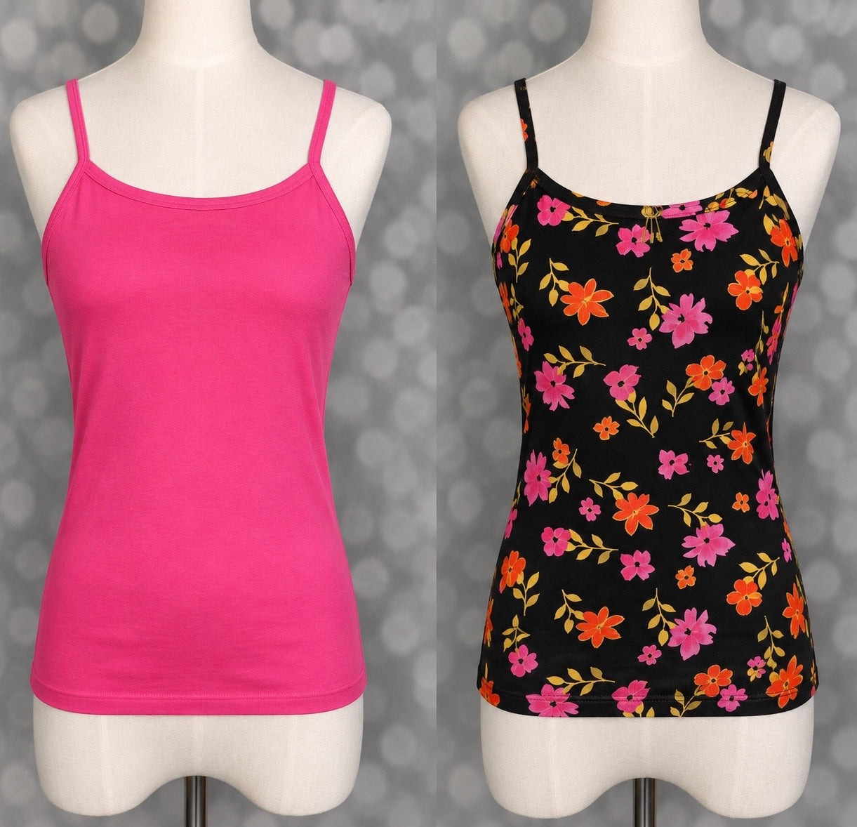 LuLaRoe Essential Cami 2-Pack - Solid Fuchsia Pink + Black, Fuchsia & Orange Ditsy Floral