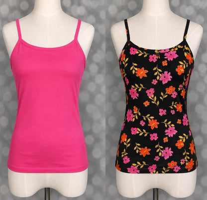 LuLaRoe Essential Cami 2-Pack - Solid Fuchsia Pink + Black, Fuchsia & Orange Ditsy Floral