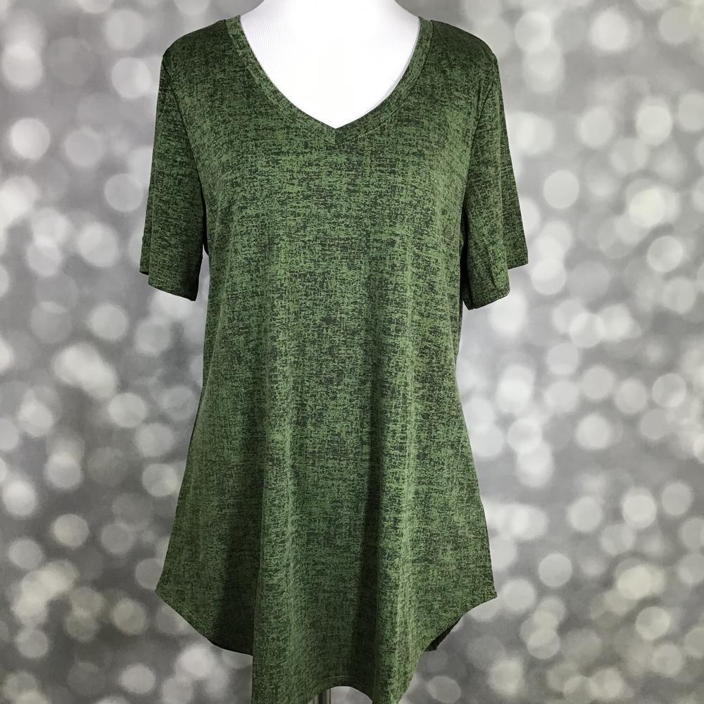LuLaRoe Iris Tee in Moss Meadow Heather featuring a soft moss green heathered texture, rounded v-neckline, relaxed sleeves, tunic-length silhouette, and curved shirttail hem.