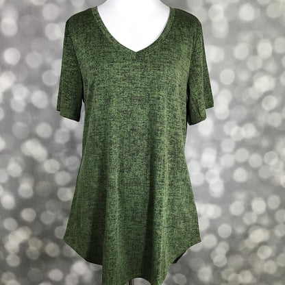 LuLaRoe Iris Tee in Moss Meadow Heather featuring a soft moss green heathered texture, rounded v-neckline, relaxed sleeves, tunic-length silhouette, and curved shirttail hem.