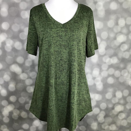 LuLaRoe Iris Tee in Moss Meadow Heather featuring a soft moss green heathered texture, rounded v-neckline, relaxed sleeves, tunic-length silhouette, and curved shirttail hem.