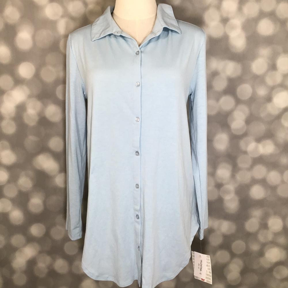 LuLaRoe Valentina adjustable sleeve button-up shirt in Solid Powder Blue with a collar and scalloped side seams