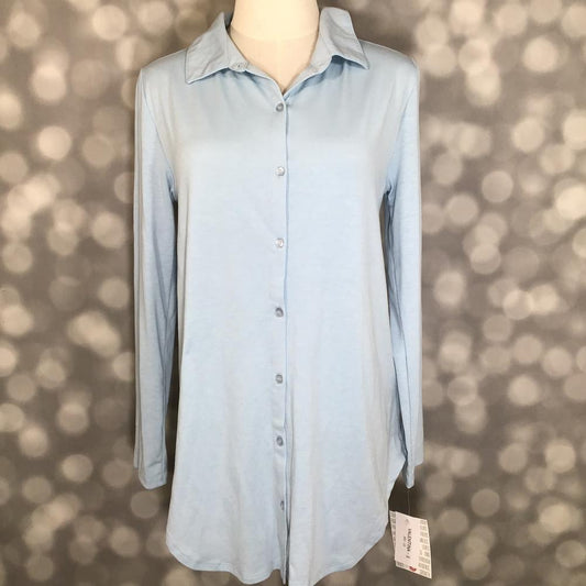 LuLaRoe Valentina adjustable sleeve button-up shirt in Solid Powder Blue with a collar and scalloped side seams