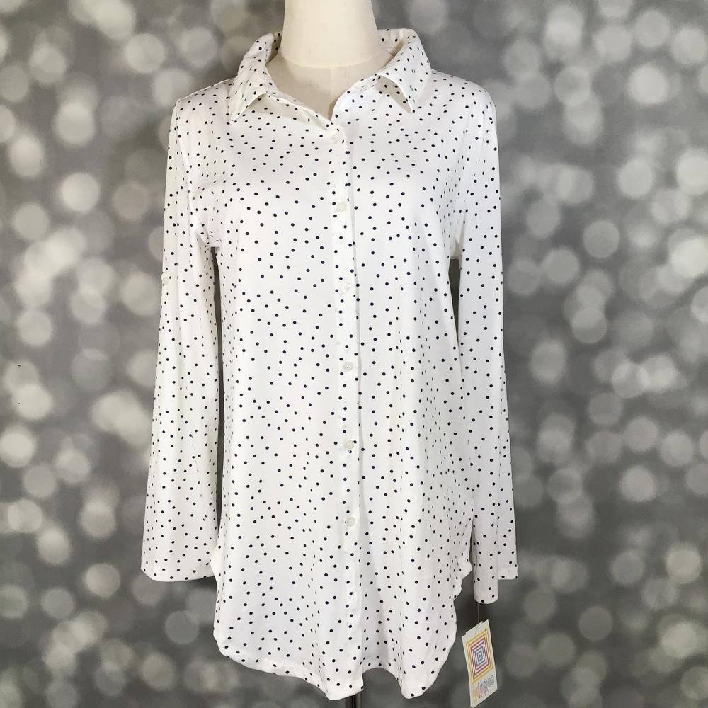LuLaRoe Valentina adjustable sleeve button-up shirt in an Ivory Micro Dot print with a classic collar
