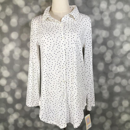 LuLaRoe Valentina adjustable sleeve button-up shirt in an Ivory Micro Dot print with a classic collar