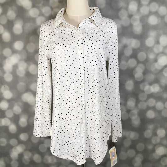 LuLaRoe Valentina adjustable sleeve button-up shirt in an Ivory Micro Dot print with a classic collar