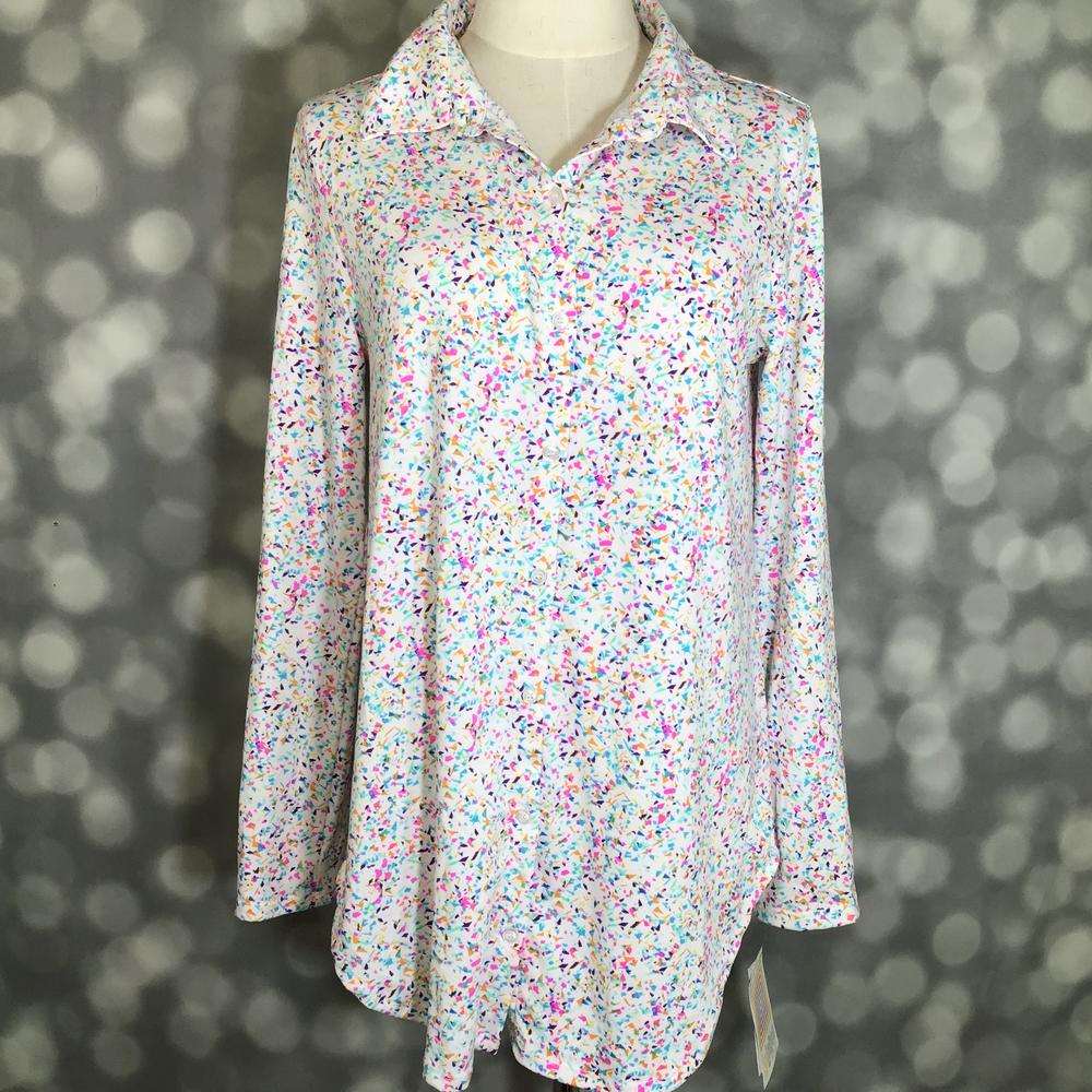 LuLaRoe Valentina adjustable sleeve button-up shirt in a White Multicolor Confetti print with a classic collar