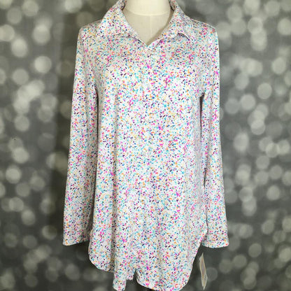 LuLaRoe Valentina adjustable sleeve button-up shirt in a White Multicolor Confetti print with a classic collar
