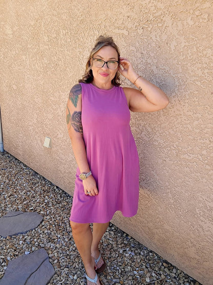 LuLaRoe Charlotte Dress - Solid Orchid Pink Sleeveless A-Line Dress with Pockets