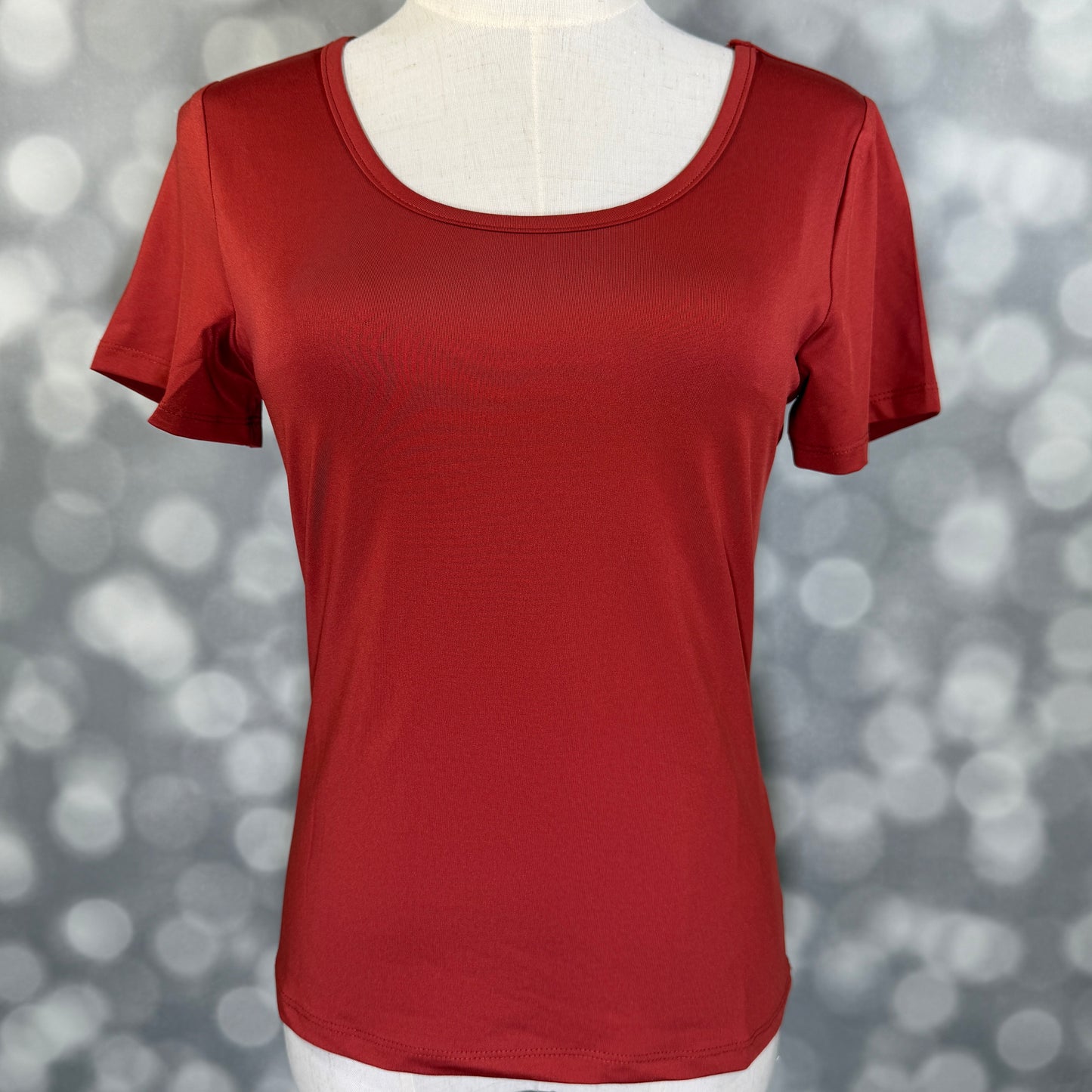 LuLaRoe Lani Scoop Neck Top in Solid Crimson Red featuring short sleeves, a fitted silhouette, and a classic scoop neckline