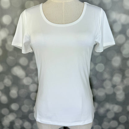 LuLaRoe Lani Scoop Neck Top in Solid White featuring short sleeves, a fitted silhouette, and a classic scoop neckline