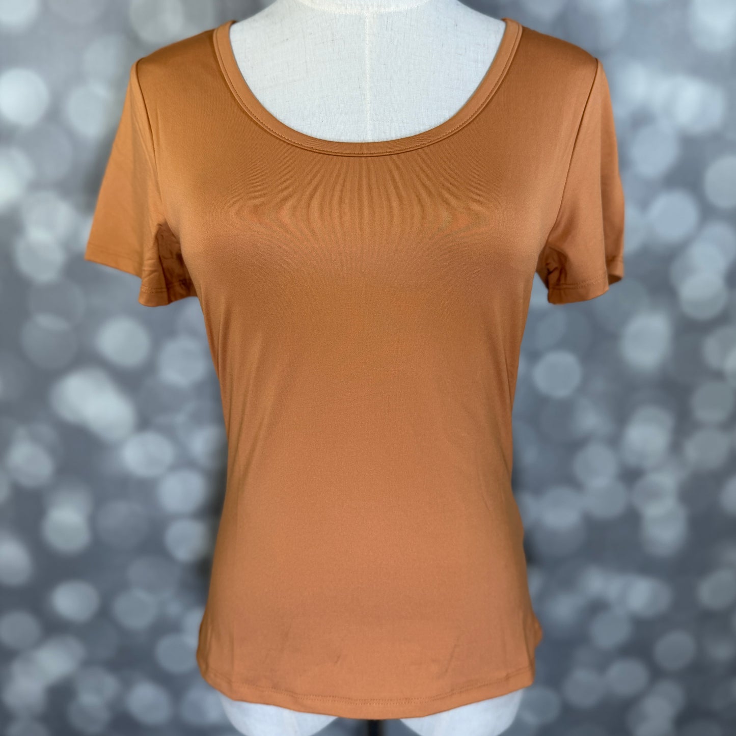 LuLaRoe Lani Scoop Neck Top in Solid Warm Caramel featuring short sleeves, a fitted silhouette, and a classic scoop neckline