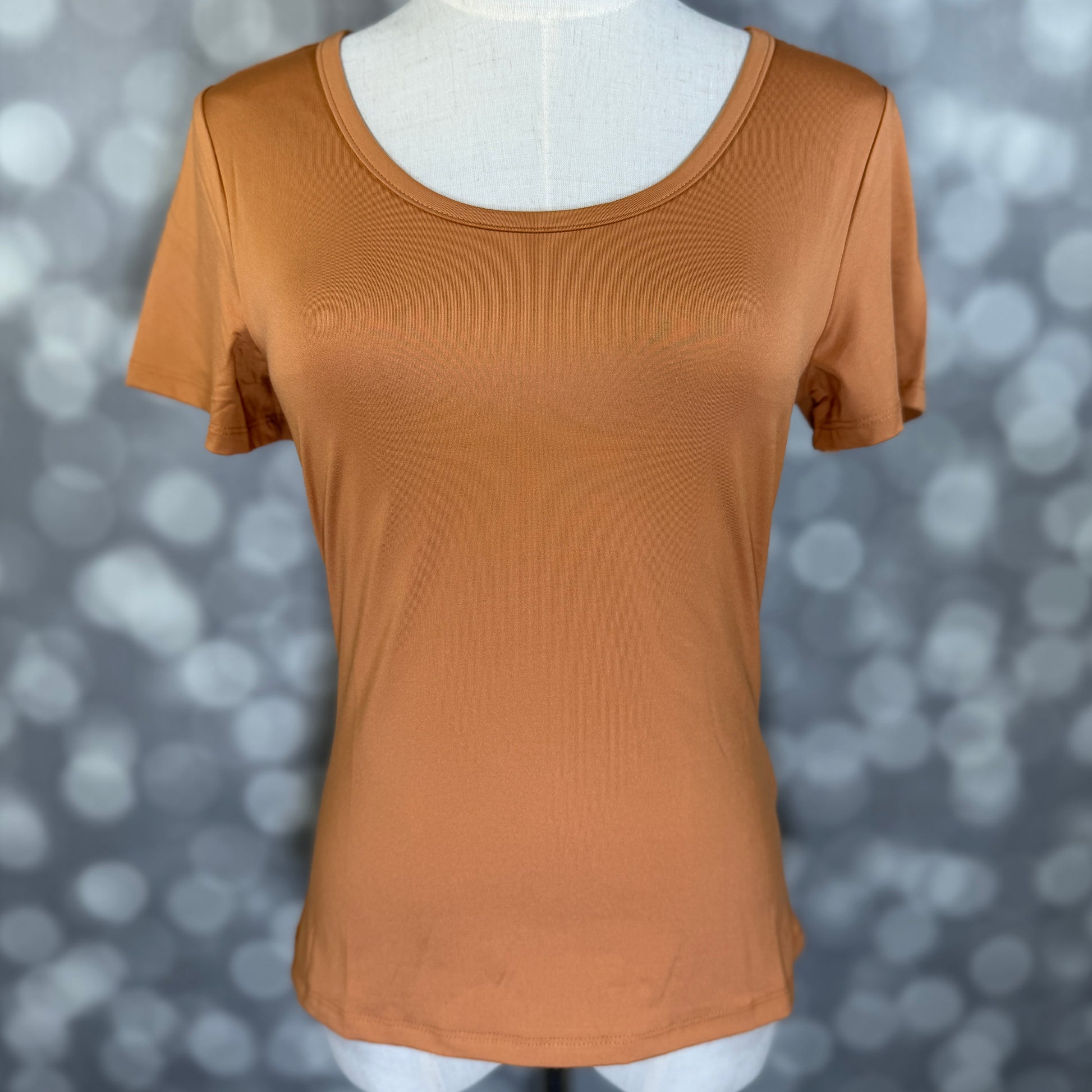 LuLaRoe Lani Scoop Neck Top in Solid Warm Caramel featuring short sleeves, a fitted silhouette, and a classic scoop neckline