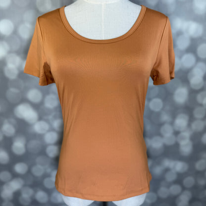 LuLaRoe Lani Scoop Neck Top in Solid Warm Caramel featuring short sleeves, a fitted silhouette, and a classic scoop neckline