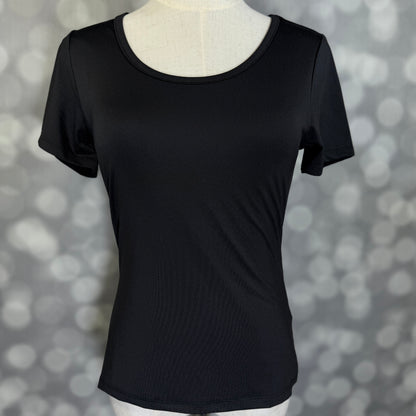 LuLaRoe Lani Scoop Neck Top in Solid Black featuring short sleeves, a fitted silhouette, and a classic scoop neckline