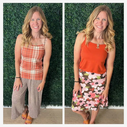 LuLaRoe Essential Cami 2-Pack - Rust & Ivory Plaid + Solid Burnt Orange