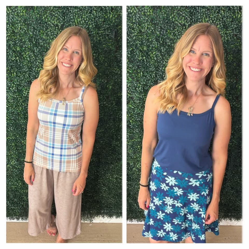 LuLaRoe Essential Cami 2-Pack - Camel, Ivory & Blue Plaid + Solid Denim Blue