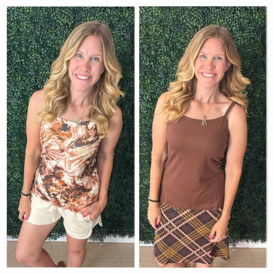 LuLaRoe Essential Cami 2-Pack - Brown & Cream Marbled Abstract + Solid Cocoa Brown