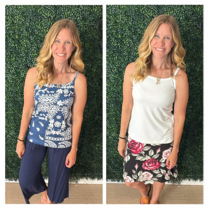 LuLaRoe Essential Cami 2-Pack - Navy & White Bandana Paisley Patchwork + Solid White