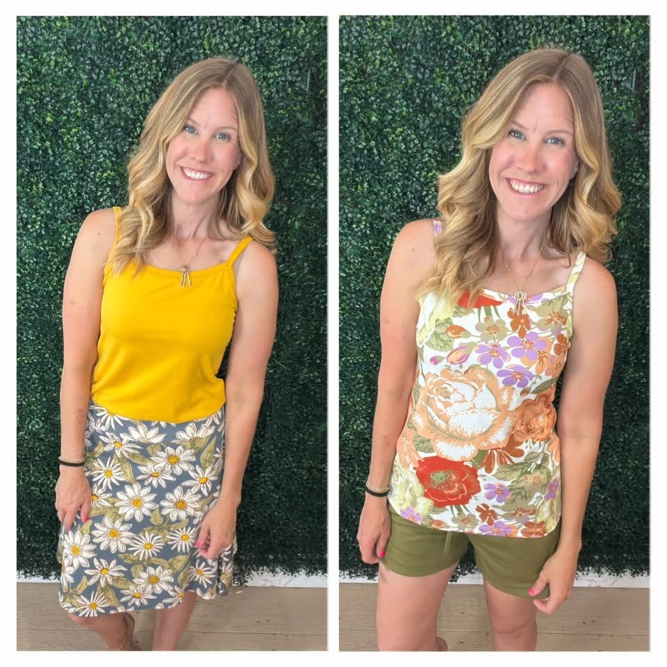 LuLaRoe Essential Cami 2-Pack - Solid Golden Mustard + Ivory, Rust & Lavender Vintage Floral