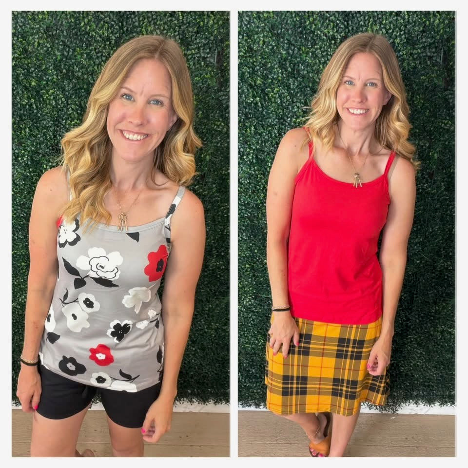 LuLaRoe Essential Cami 2-Pack - Gray, Black, White & Red Mod Floral + Solid Crimson Red