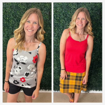 LuLaRoe Essential Cami 2-Pack - Gray, Black, White & Red Mod Floral + Solid Crimson Red