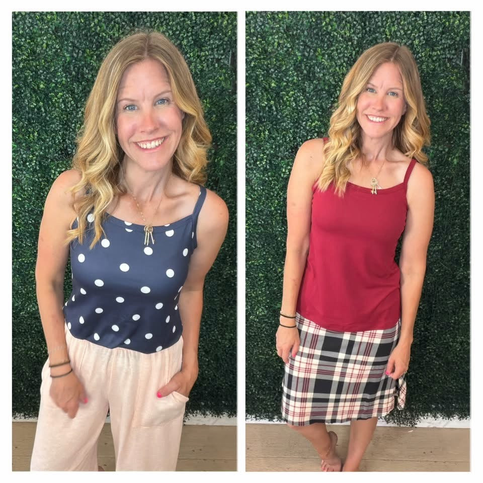LuLaRoe Essential Cami 2-Pack - Navy & White Polka Dot + Solid Burgundy