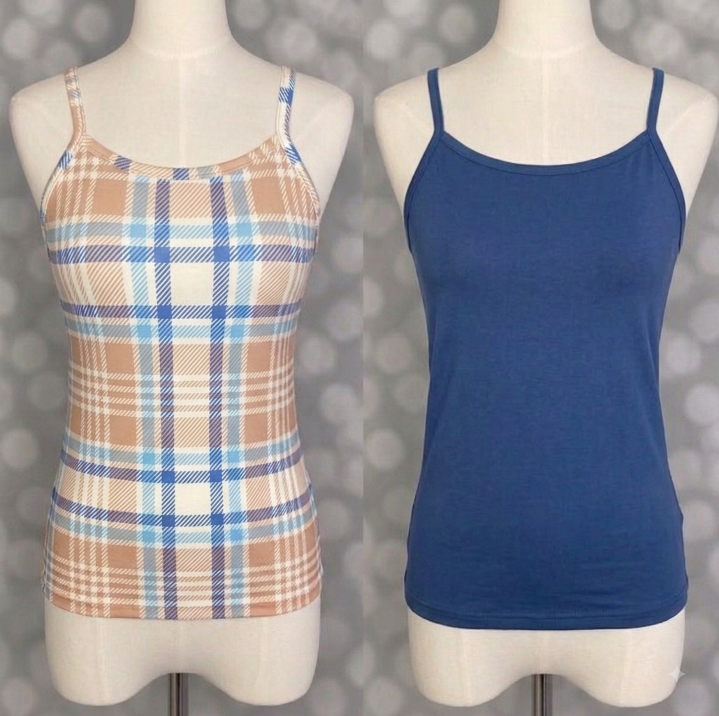 LuLaRoe Essential Cami 2-Pack - Camel, Ivory & Blue Plaid + Solid Denim Blue
