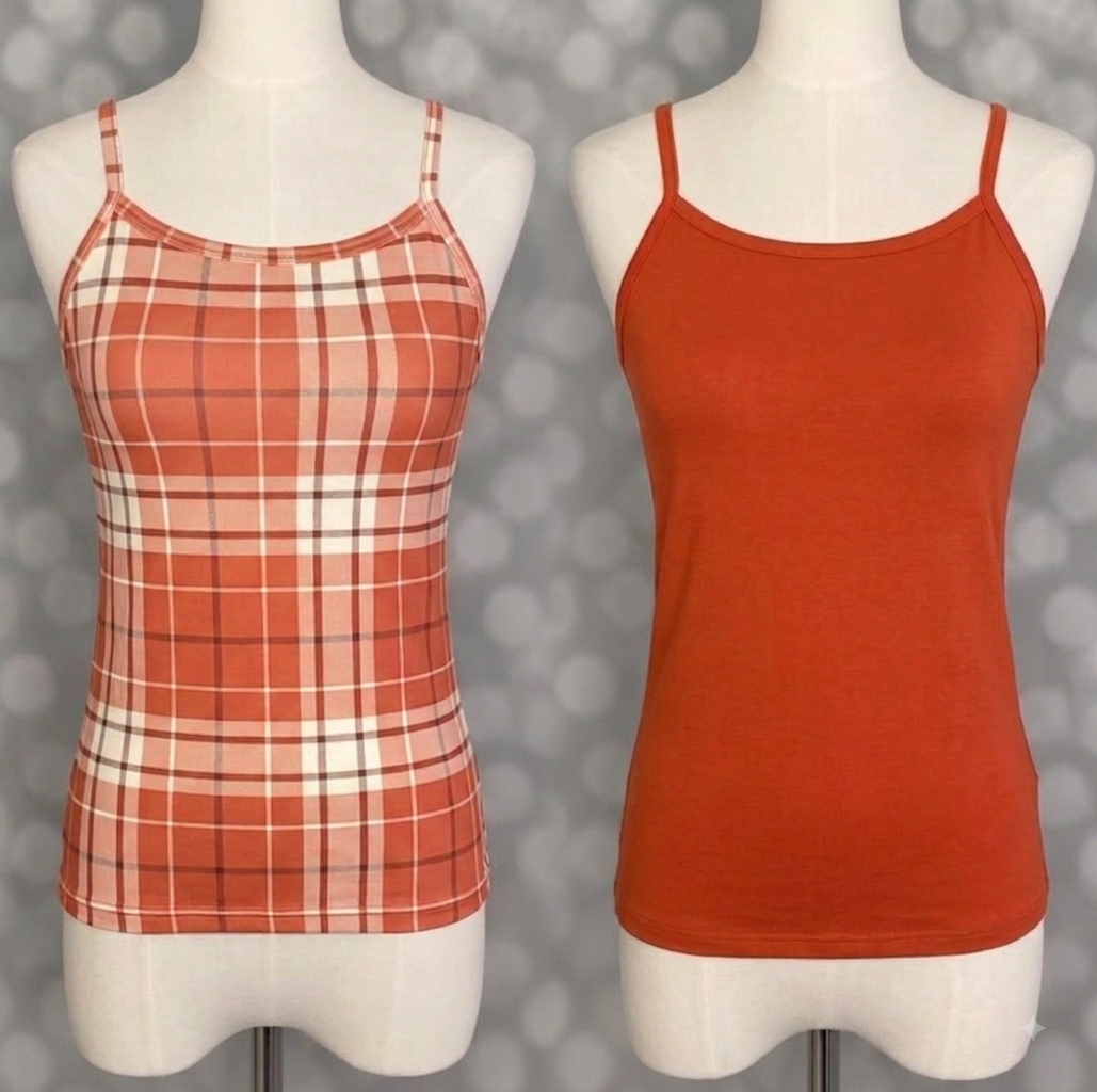 LuLaRoe Essential Cami 2-Pack - Rust & Ivory Plaid + Solid Burnt Orange