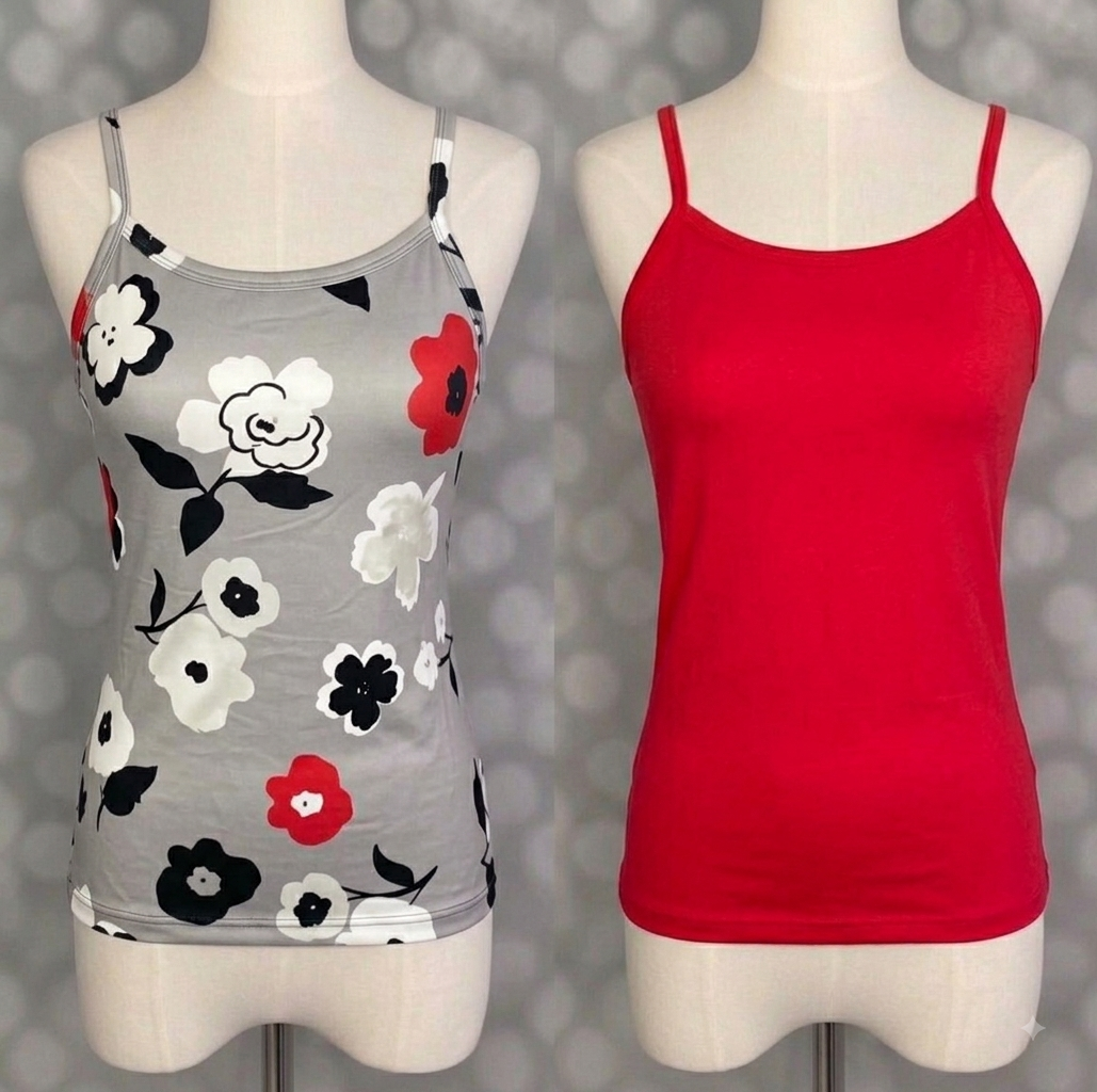 LuLaRoe Essential Cami 2-Pack - Gray, Black, White & Red Mod Floral + Solid Crimson Red