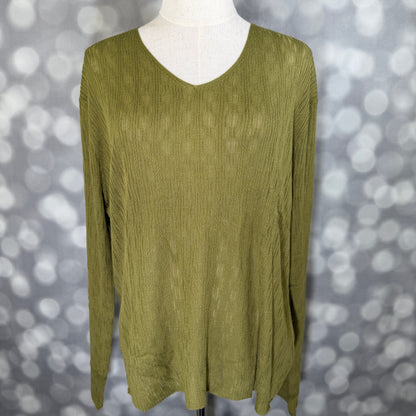 An olive green long-sleeve knit top with a V-neckline, displayed on a white dress form mannequin against a gray bokeh background.