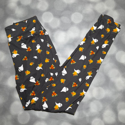 LuLaRoe 2026 Halloween Leggings – Charcoal Booquet Ghosts and Flowers