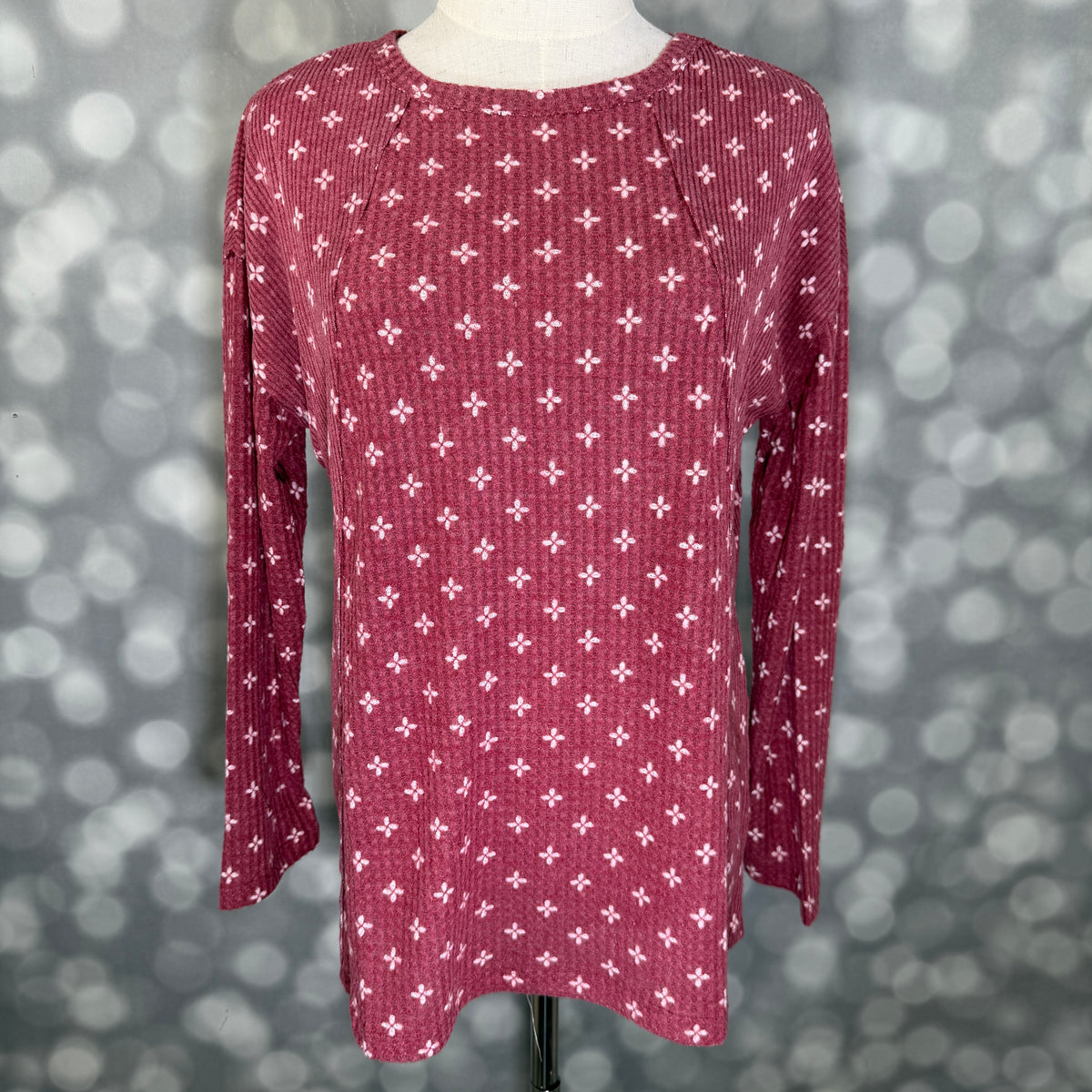 LuLaRoe LuLaRoe Tina Mixed Media Long Sleeve Top – Dusty Red White Ditsy Cross 