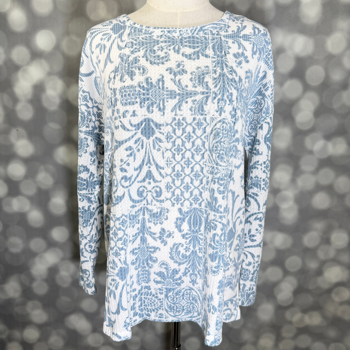 LuLaRoe LuLaRoe Tina Mixed Media Long Sleeve Top – Ivory Dusty Blue Paisley 