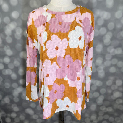 LuLaRoe LuLaRoe Tina Mixed Media Long Sleeve Top – Caramel Brown Pink & Ivory Retro Floral 