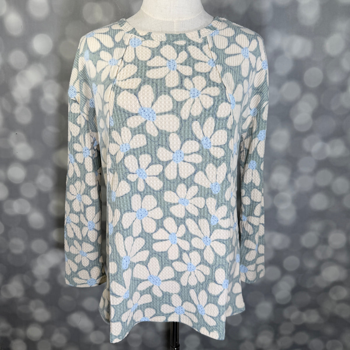 LuLaRoe LuLaRoe Tina Mixed Media Long Sleeve Top – Dusty Sage & Ivory Retro Daisy Floral 