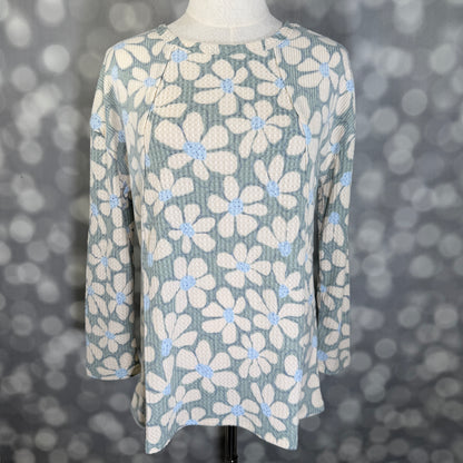 LuLaRoe LuLaRoe Tina Mixed Media Long Sleeve Top – Dusty Sage & Ivory Retro Daisy Floral 