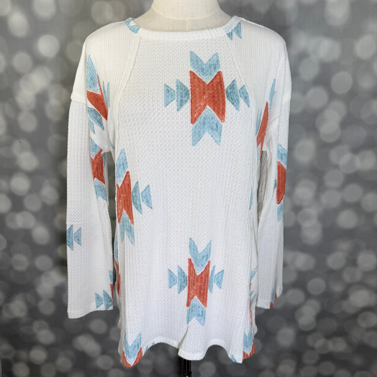 LuLaRoe LuLaRoe Tina Mixed Media Long Sleeve Top – Ivory Rust & Blue Southwestern Geometric 