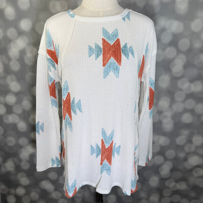 LuLaRoe LuLaRoe Tina Mixed Media Long Sleeve Top – Ivory Rust & Blue Southwestern Geometric 