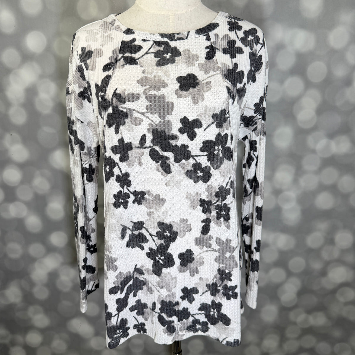 LuLaRoe LuLaRoe Tina Mixed Media Long Sleeve Top – Ivory Black & Gray Floral 