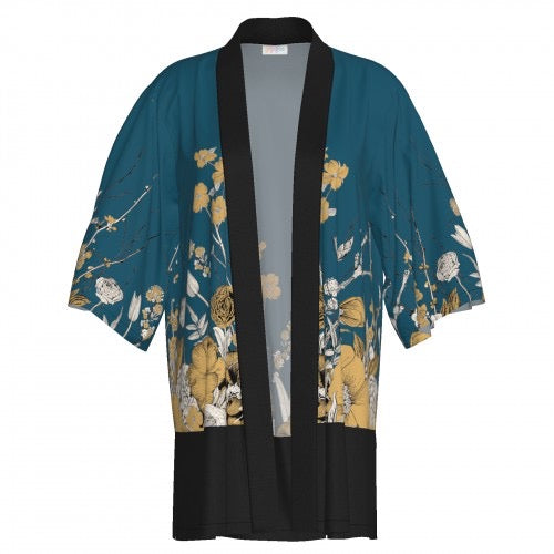 LuLaRoe Aurora bell sleeve kimono in a teal, yellow and black botanical floral print