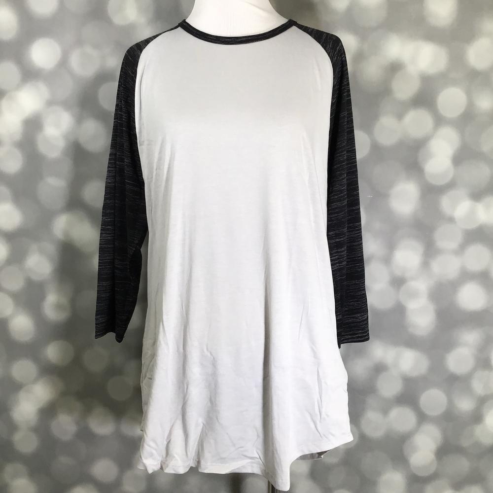 LuLaRoe Randy Tee in Classic White & Charcoal featuring a white body with heather charcoal 3/4 raglan sleeves and coordinating neckline.
